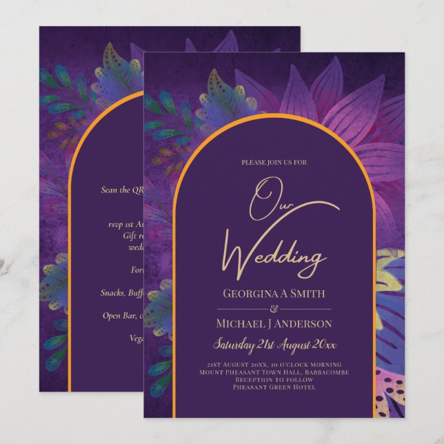 LeahG Plum Purple Gold JEWEL TONES Wedding INVITE (Front/Back)