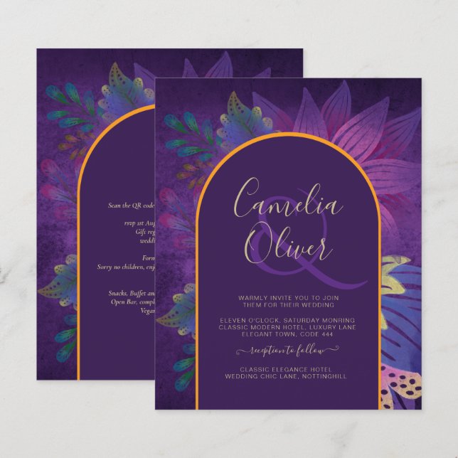 LeahG Plum Purple Gold JEWEL TONES Wedding INVITE (Front/Back)