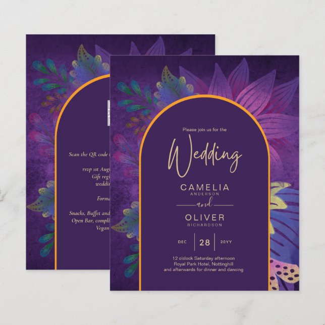 LeahG Plum Purple Gold JEWEL TONES Wedding INVITE (Front/Back)