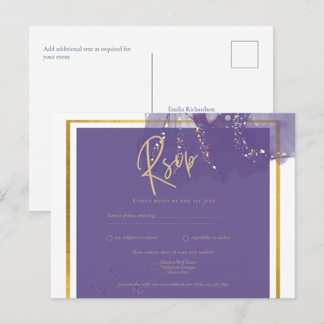 LeahG PURPLE GOLD Wedding Lavender INK RSVP Postcard (Front/Back)