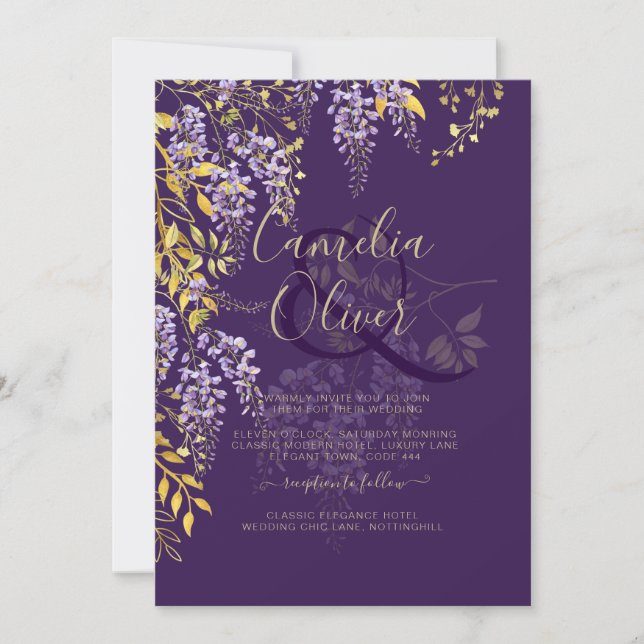 LeahG Purple Gold WISTERIA Floral Wedding INVITE (Front)