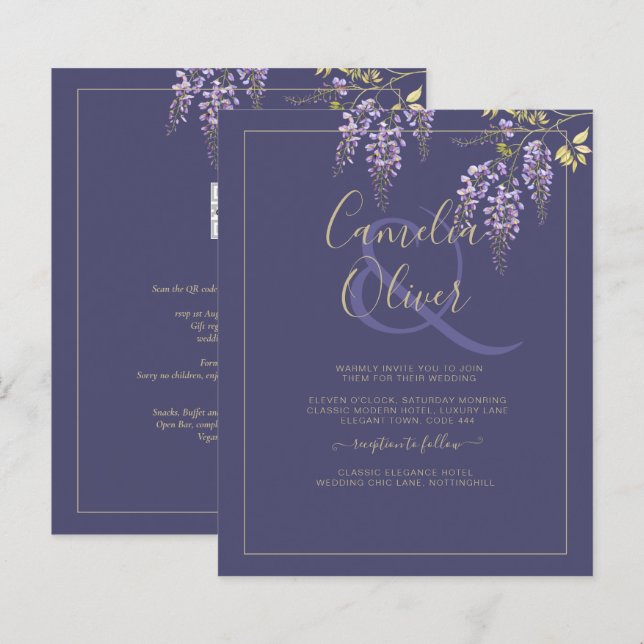 LeahG Purple Gold WISTERIA Floral Wedding INVITE (Front/Back)