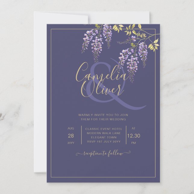 LeahG Purple Gold WISTERIA Floral Wedding INVITE (Front)