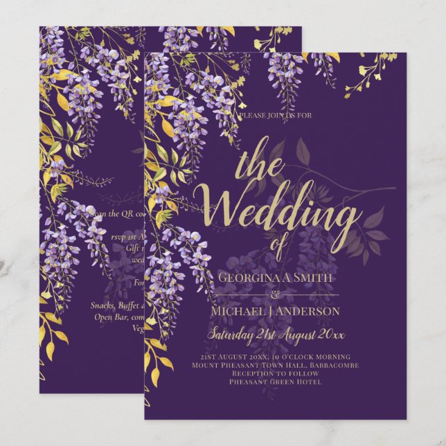 LeahG Purple Gold WISTERIA Floral Wedding INVITE (Front/Back)