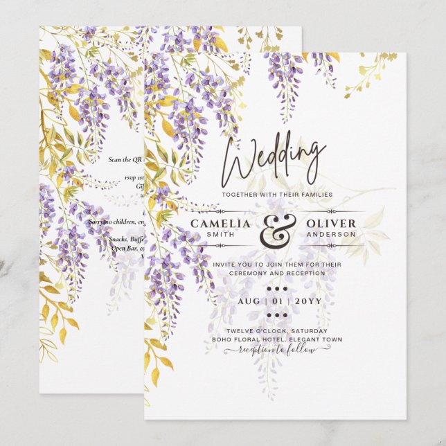 LeahG Purple Gold WISTERIA Floral Wedding INVITE (Front/Back)