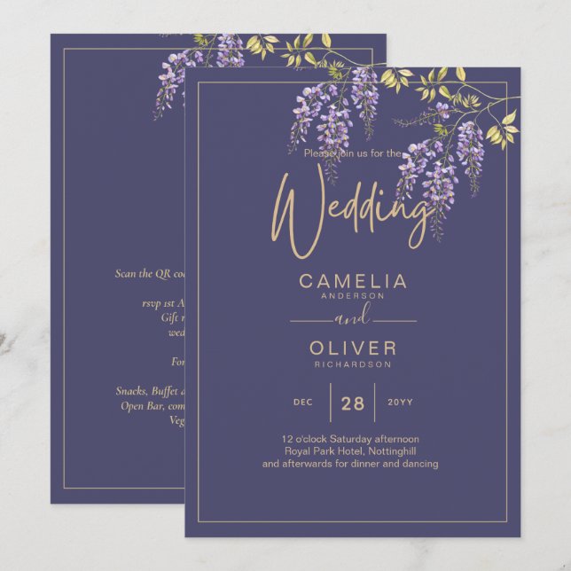 LeahG Purple Gold WISTERIA Floral Wedding INVITE (Front/Back)