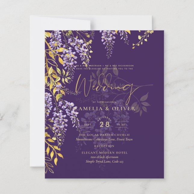 LeahG Purple Gold WISTERIA Floral Wedding INVITE (Front)