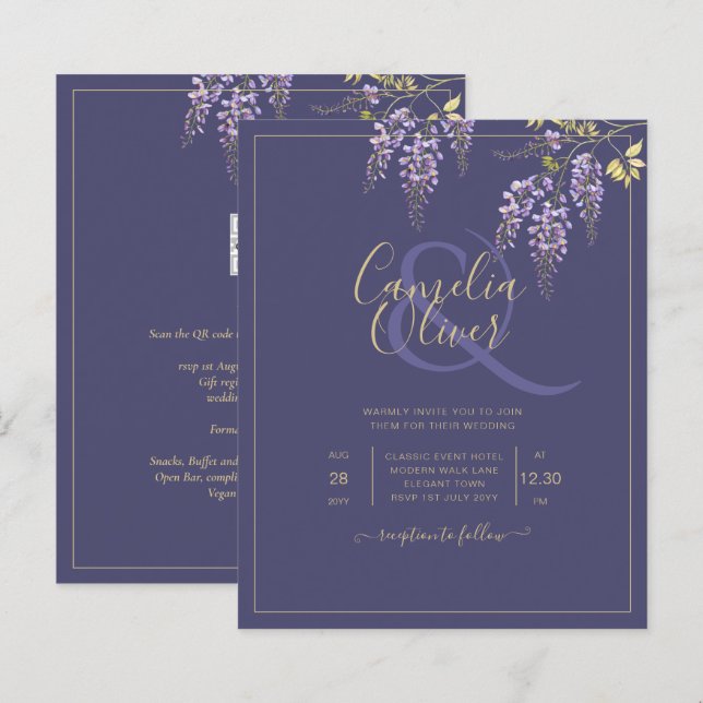 LeahG Purple Gold WISTERIA Floral Wedding INVITE (Front/Back)