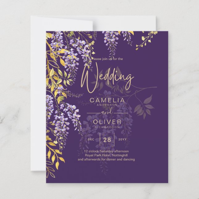 LeahG Purple Gold WISTERIA Floral Wedding INVITE (Front)