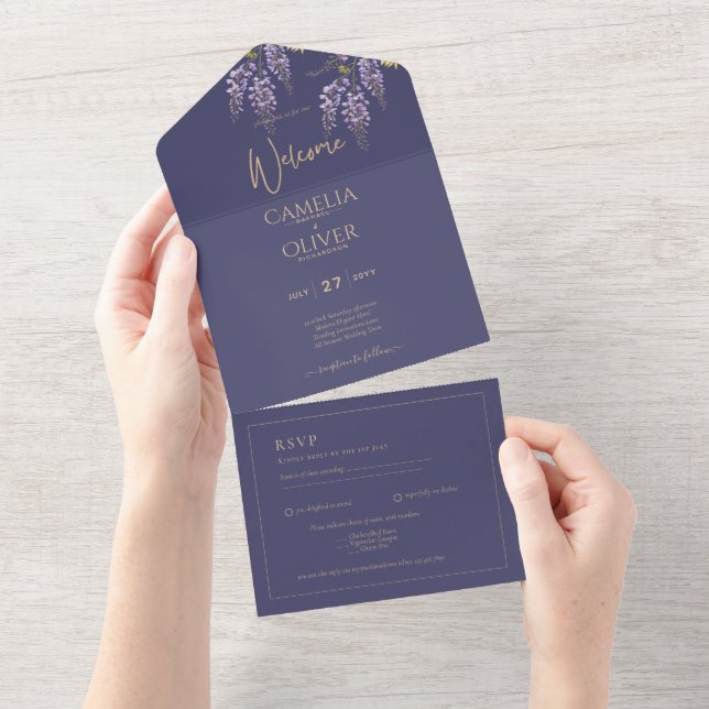LeahG Purple Gold WISTERIA Floral Wedding INVITE (Tearaway)