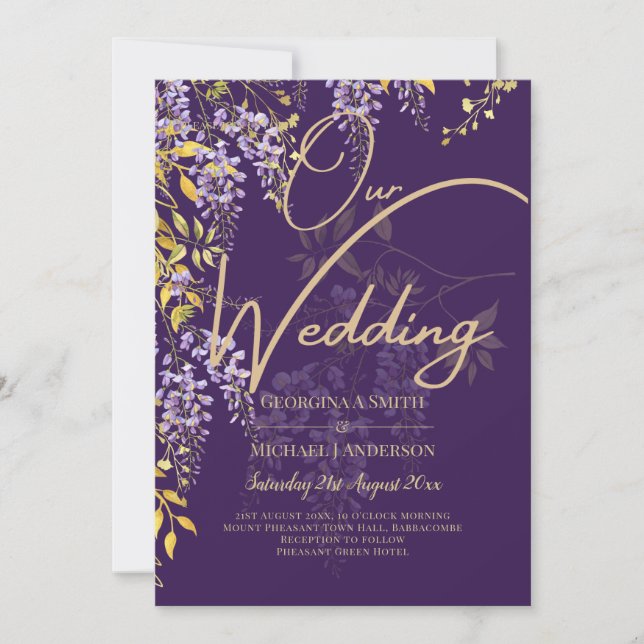 LeahG Purple Gold WISTERIA Floral Wedding INVITE (Front)