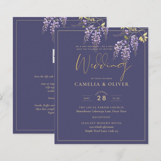 LeahG Purple Gold WISTERIA Floral Wedding INVITE (Front/Back)