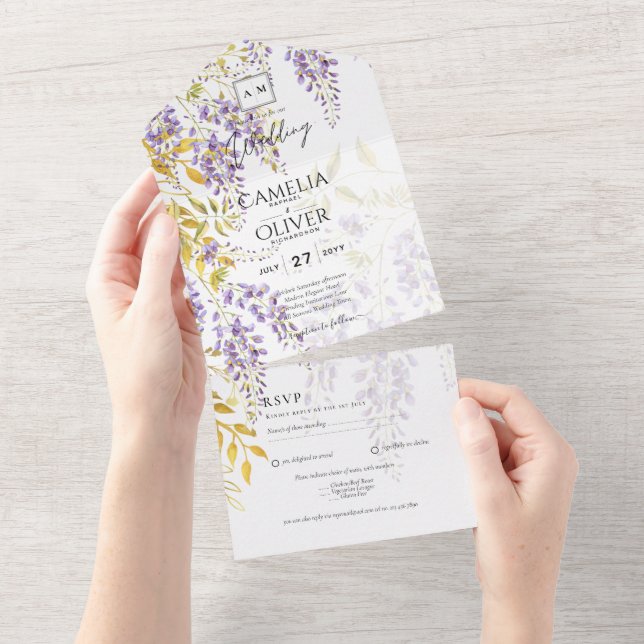 LeahG Purple Gold WISTERIA Floral Wedding INVITE (Tearaway)