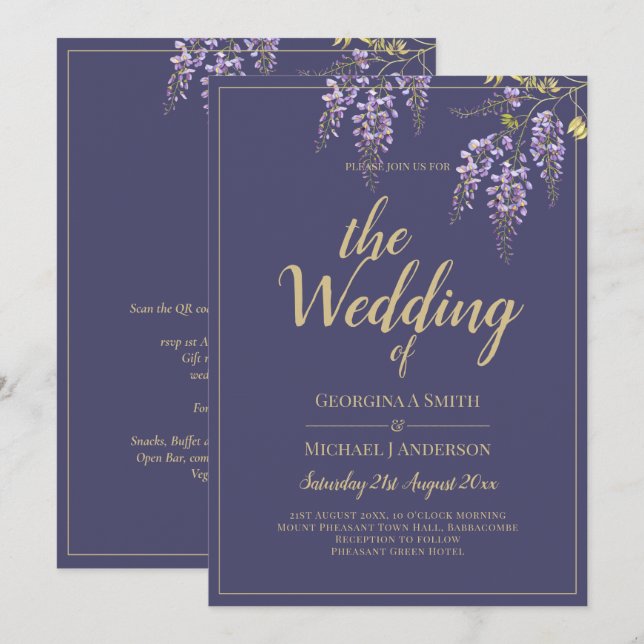 LeahG Purple Gold WISTERIA Floral Wedding INVITE (Front/Back)
