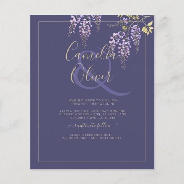 LeahG Purple Gold WISTERIA Floral Wedding INVITE Flyer (Front)