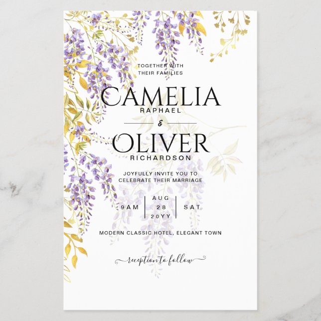 LeahG Purple Gold WISTERIA Floral Wedding INVITE Flyer (Front)