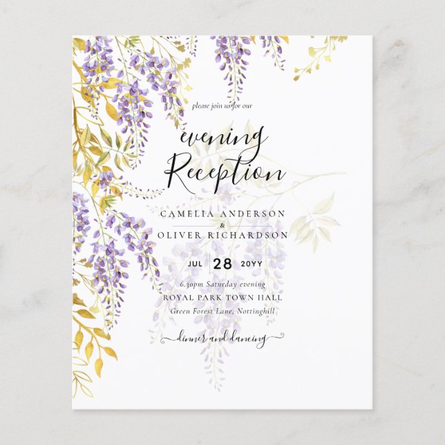 LeahG Purple Gold WISTERIA Floral Wedding INVITE Flyer (Front)