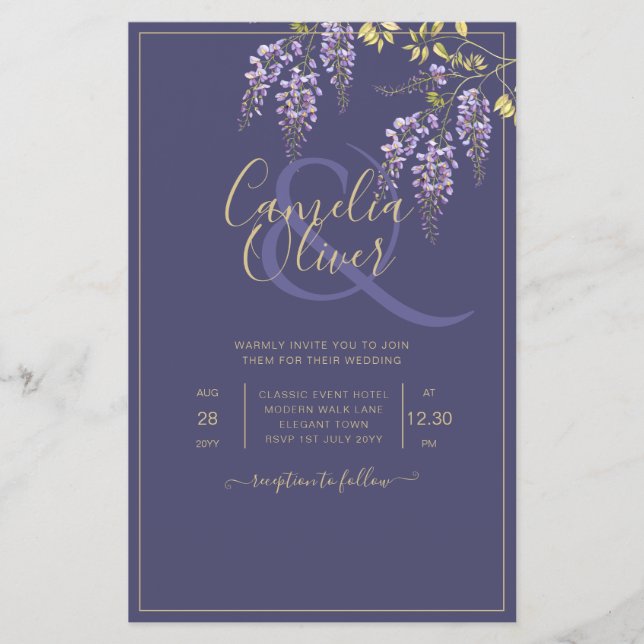 LeahG Purple Gold WISTERIA Floral Wedding INVITE Flyer (Front)