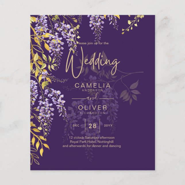LeahG Purple Gold WISTERIA Floral Wedding INVITE Flyer (Front)