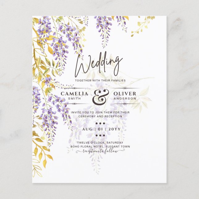 LeahG Purple Gold WISTERIA Floral Wedding INVITE Flyer (Front)