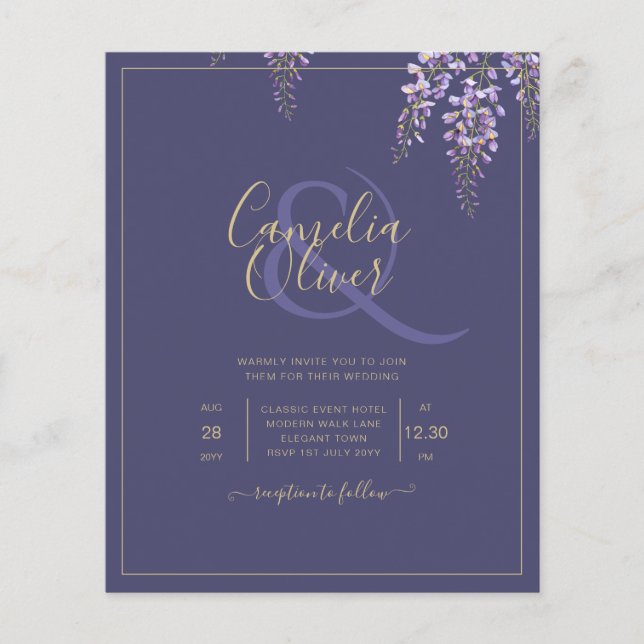 LeahG Purple Gold WISTERIA Floral Wedding INVITE Flyer (Front)