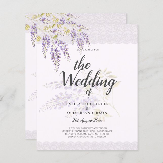 LeahG Purple WISTERIA Lace Floral Wedding INVITE (Front/Back)