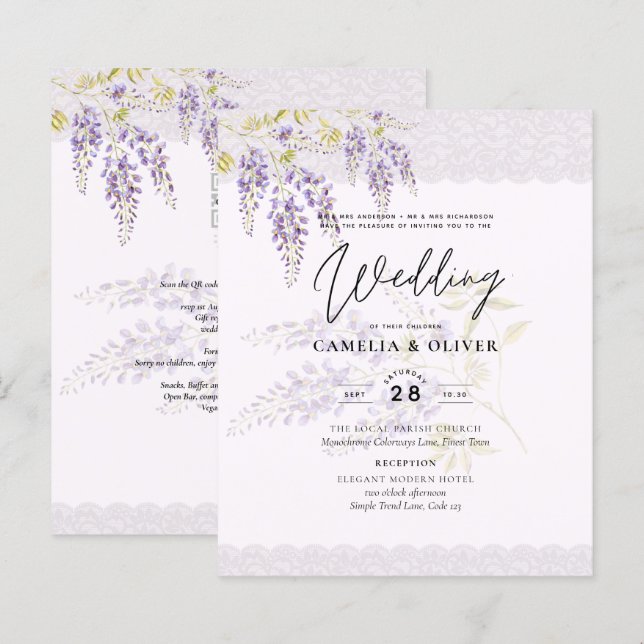 LeahG Purple WISTERIA Lace Floral Wedding INVITE (Front/Back)