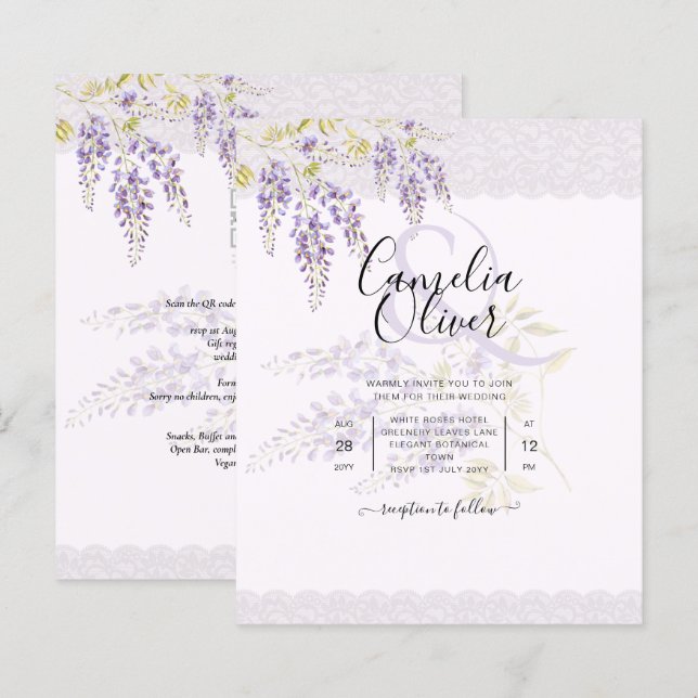LeahG Purple WISTERIA Lace Floral Wedding INVITE (Front/Back)