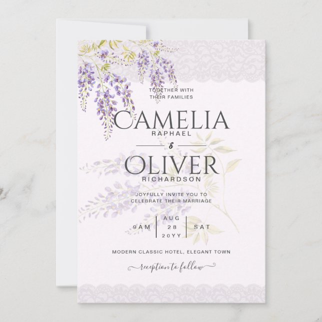 LeahG Purple WISTERIA Lace Floral Wedding INVITE (Front)
