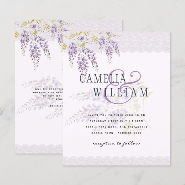 LeahG Purple WISTERIA Lace Floral Wedding INVITE (Front/Back)