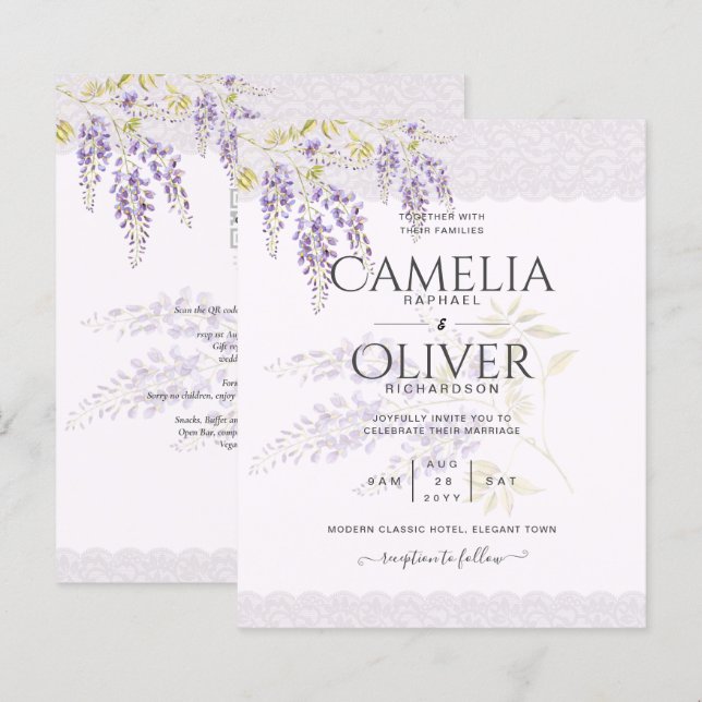 LeahG Purple WISTERIA Lace Floral Wedding INVITE (Front/Back)