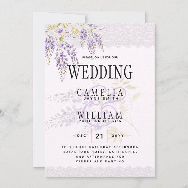 LeahG Purple WISTERIA Lace Floral Wedding INVITE (Front)