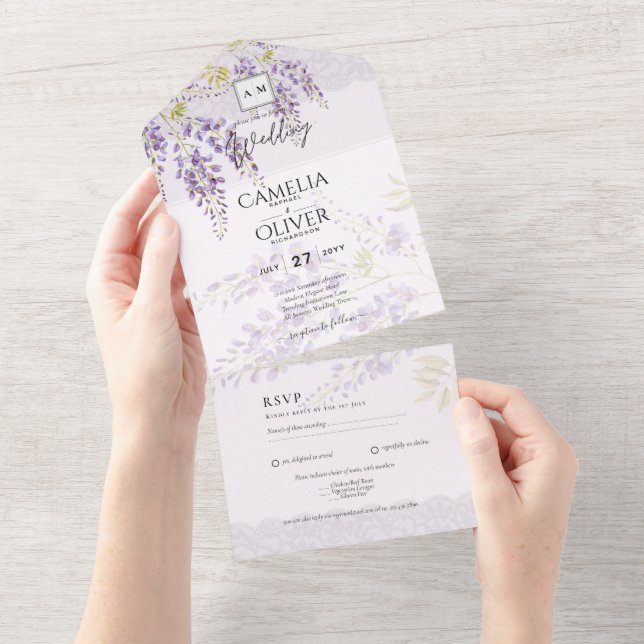 LeahG Purple WISTERIA Lace Floral Wedding INVITE (Tearaway)
