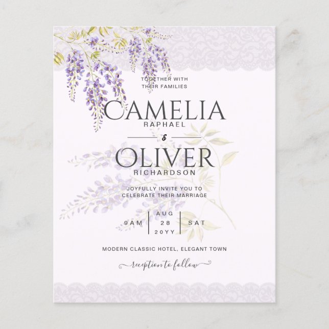 LeahG Purple WISTERIA Lace Floral Wedding INVITE Flyer (Front)