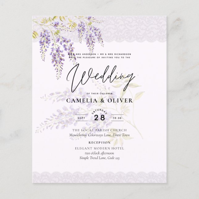 LeahG Purple WISTERIA Lace Floral Wedding INVITE Flyer (Front)