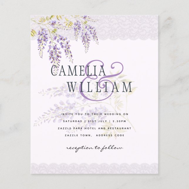 LeahG Purple WISTERIA Lace Floral Wedding INVITE Flyer (Front)