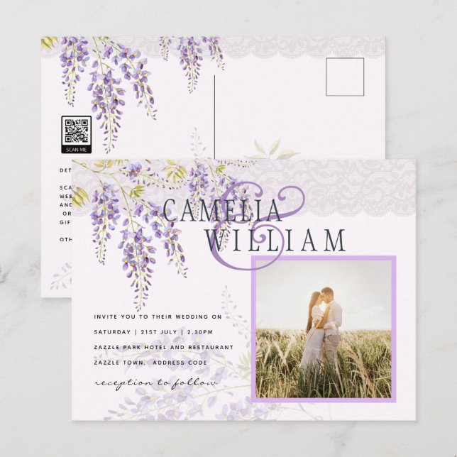 LeahG Purple Wisteria Modern Floral Wedding Postcard (Front/Back)