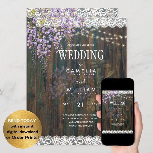 LeahG Purple WISTERIA Rustic Lace Wedding Invitation (Creator Uploaded)