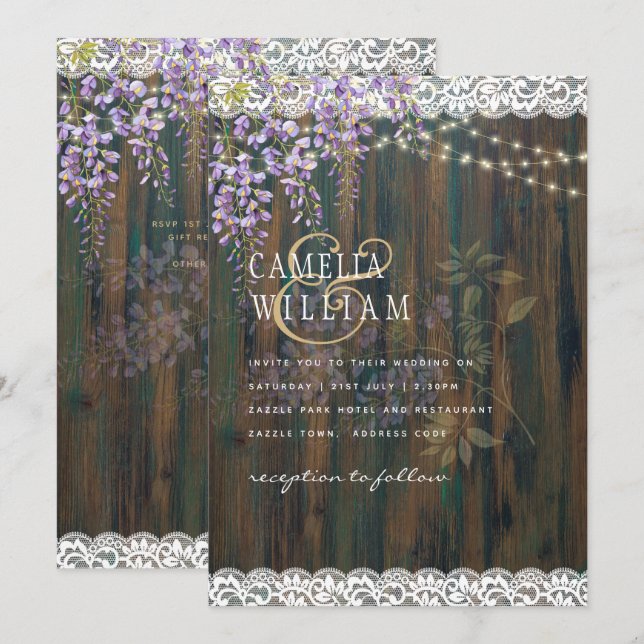 LeahG Purple WISTERIA Rustic Lace Wedding Invitation (Front/Back)