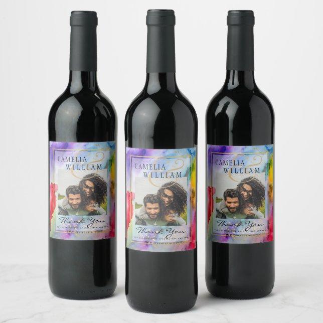LeahG Rainbow Pride Alcohol Ink Wedding Wine Label (Bottles)