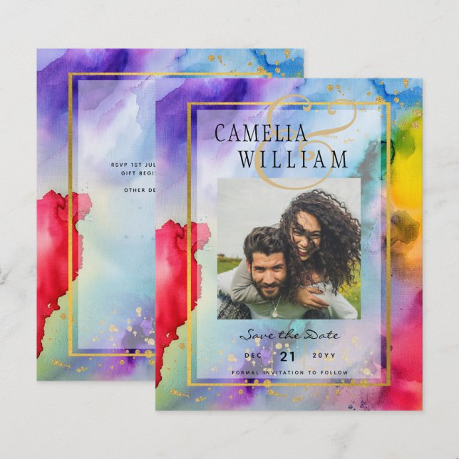LeahG Rainbow Pride Ink PHOTO Wedding Save Date (Front/Back)