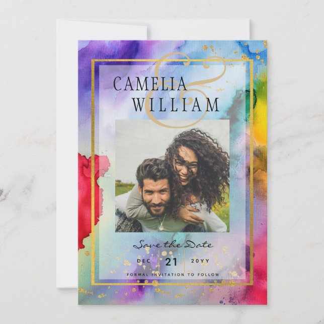 LeahG Rainbow Pride Ink PHOTO Wedding Save Date Invitation (Front)