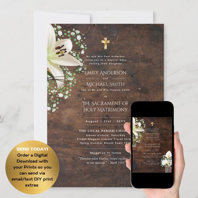 LeahG Rustic Lilies Catholic Wedding Nuptial Mass Invitation (Creator Uploaded)