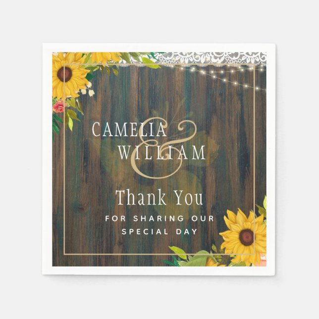 LeahG Rustic Sunflowers Lace Lights Wood Wedding Napkin (Front)