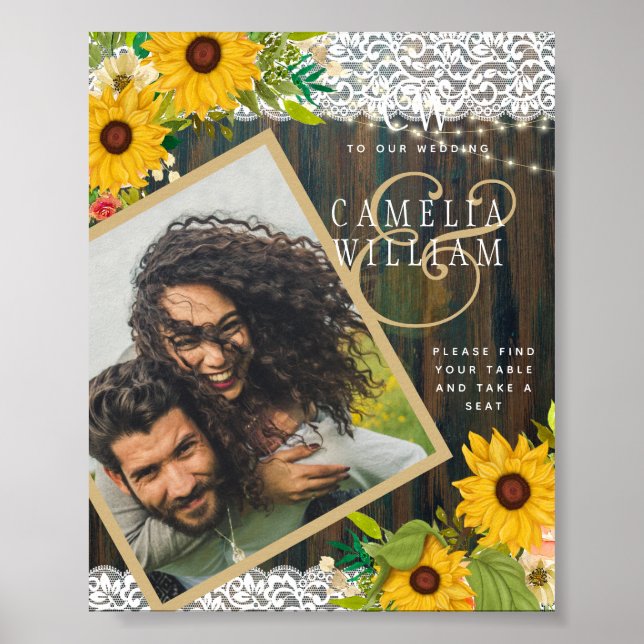 LeahG Rustic Sunflowers Lace PHOTO Wedding WELCOME Poster (Front)