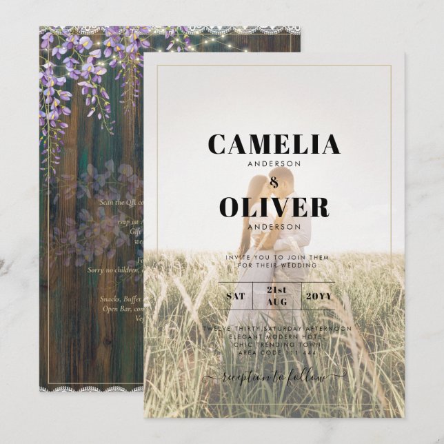 LeahG Rustic WISTERIA Lace Floral Wedding INVITE (Front/Back)