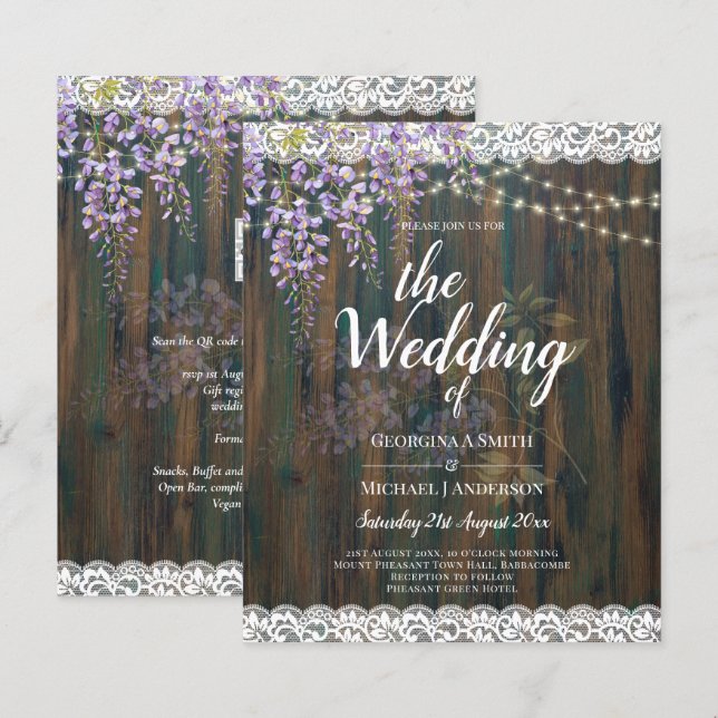 LeahG Rustic WISTERIA Lace Floral Wedding INVITE (Front/Back)