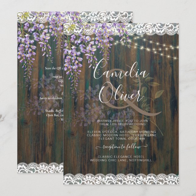 LeahG Rustic WISTERIA Lace Floral Wedding INVITE (Front/Back)
