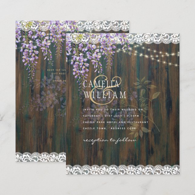 LeahG Rustic WISTERIA Lace Floral Wedding INVITE (Front/Back)