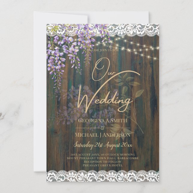 LeahG Rustic WISTERIA Lace Floral Wedding INVITE (Front)